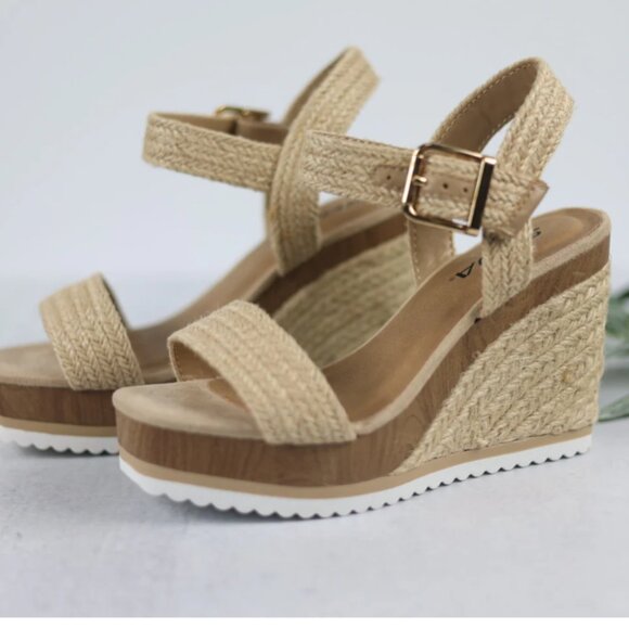 SODA NEW WOT Ankle Strap Open Toe Wedge espadrile Sandals in natural 725 - Picture 1 of 5